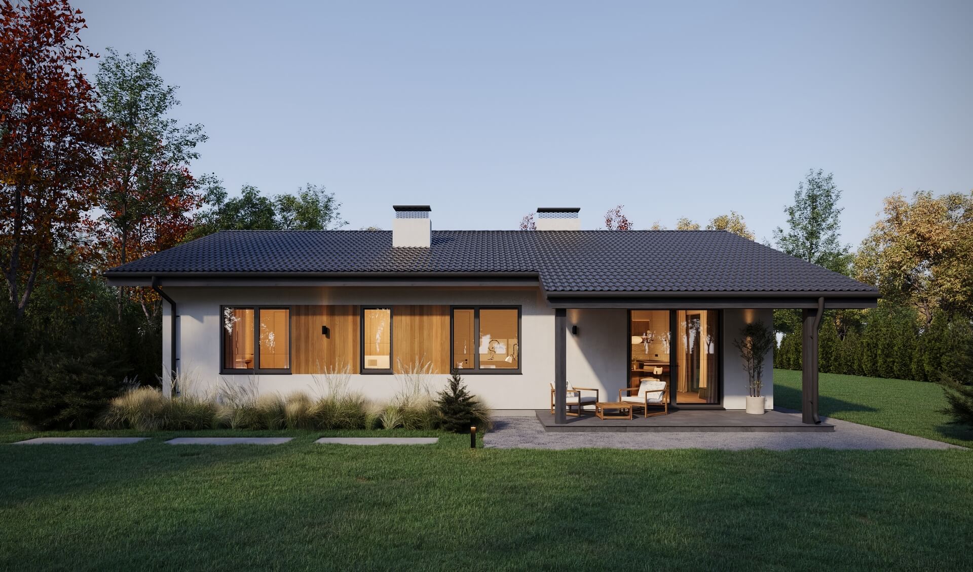 Кухня-гостиная боковая, терраса задняя 140 м²