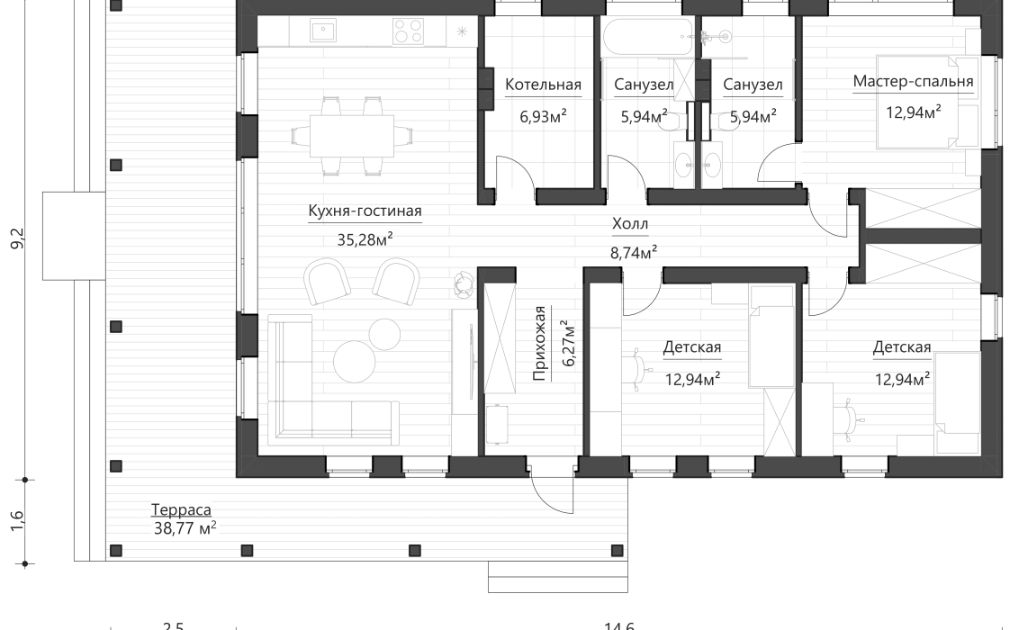Кухня-гостиная боковая, терраса боковая 100-120 м²