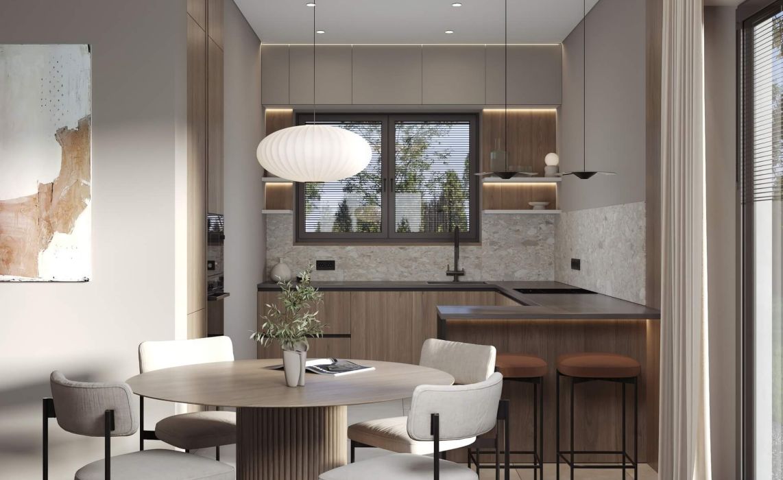 Кухня-гостиная боковая, терраса задняя 100 м²