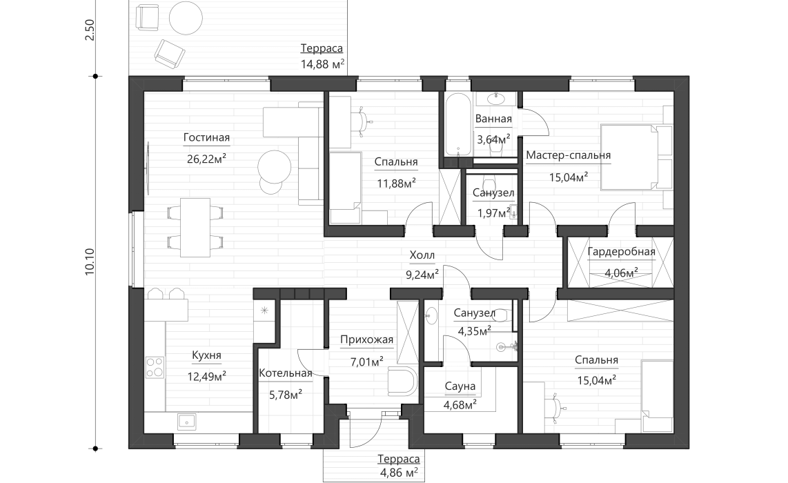 Кухня-гостиная боковая, терраса задняя 120 м²