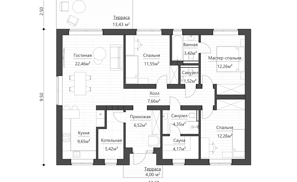 Кухня-гостиная боковая, терраса задняя 100 м²