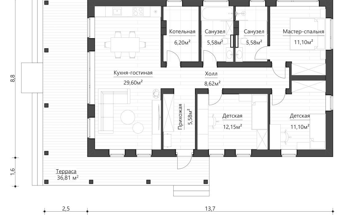 Кухня-гостиная боковая, терраса боковая 100-120 м²