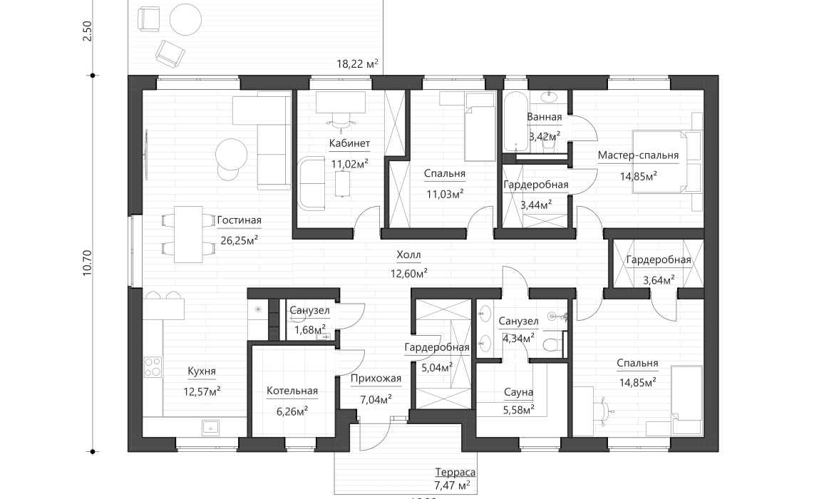 Кухня-гостиная боковая, терраса задняя 140 м²